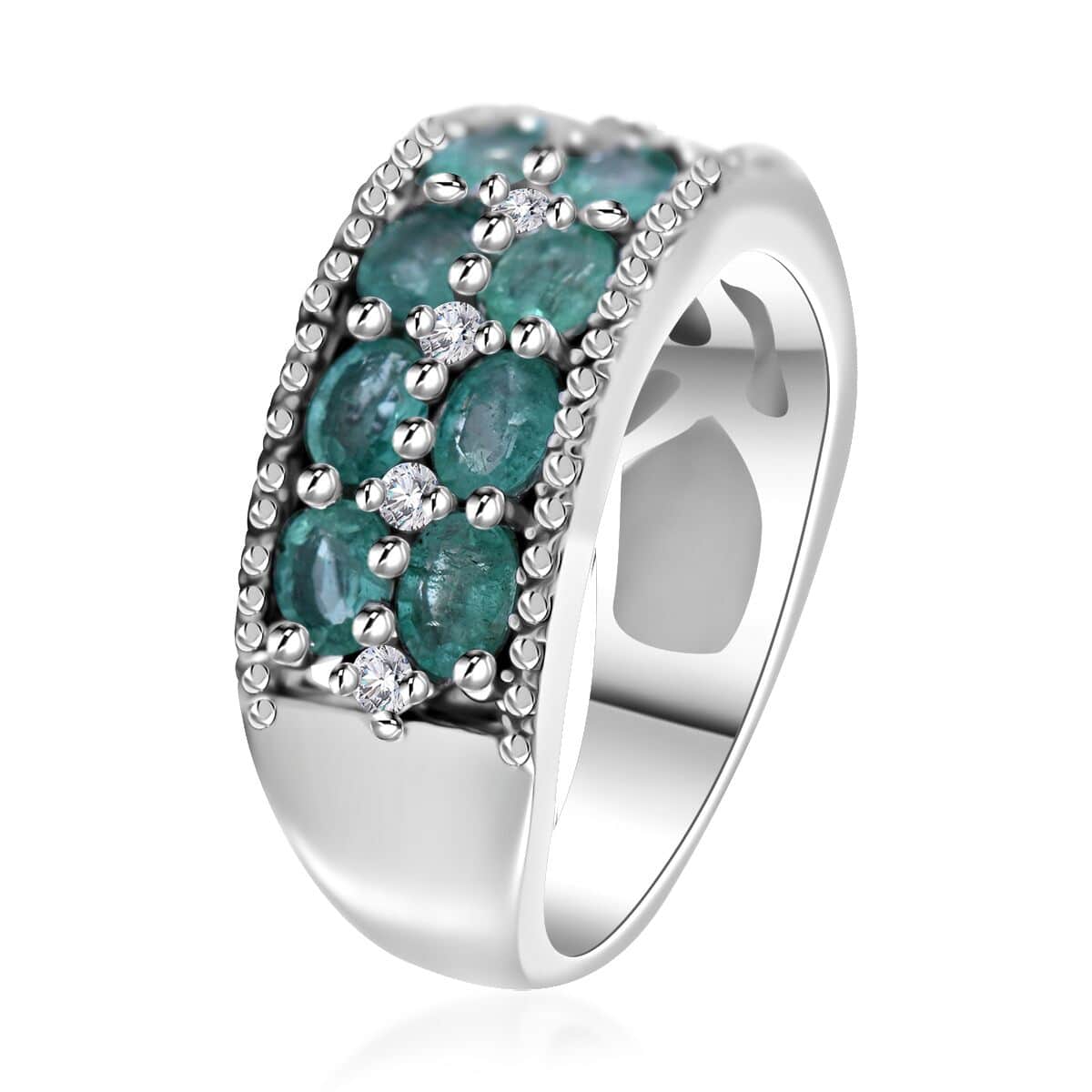 Kagem Zambian Emerald and White Zircon Ring in Platinum Over Sterling Silver 2.60 ctw image number 2