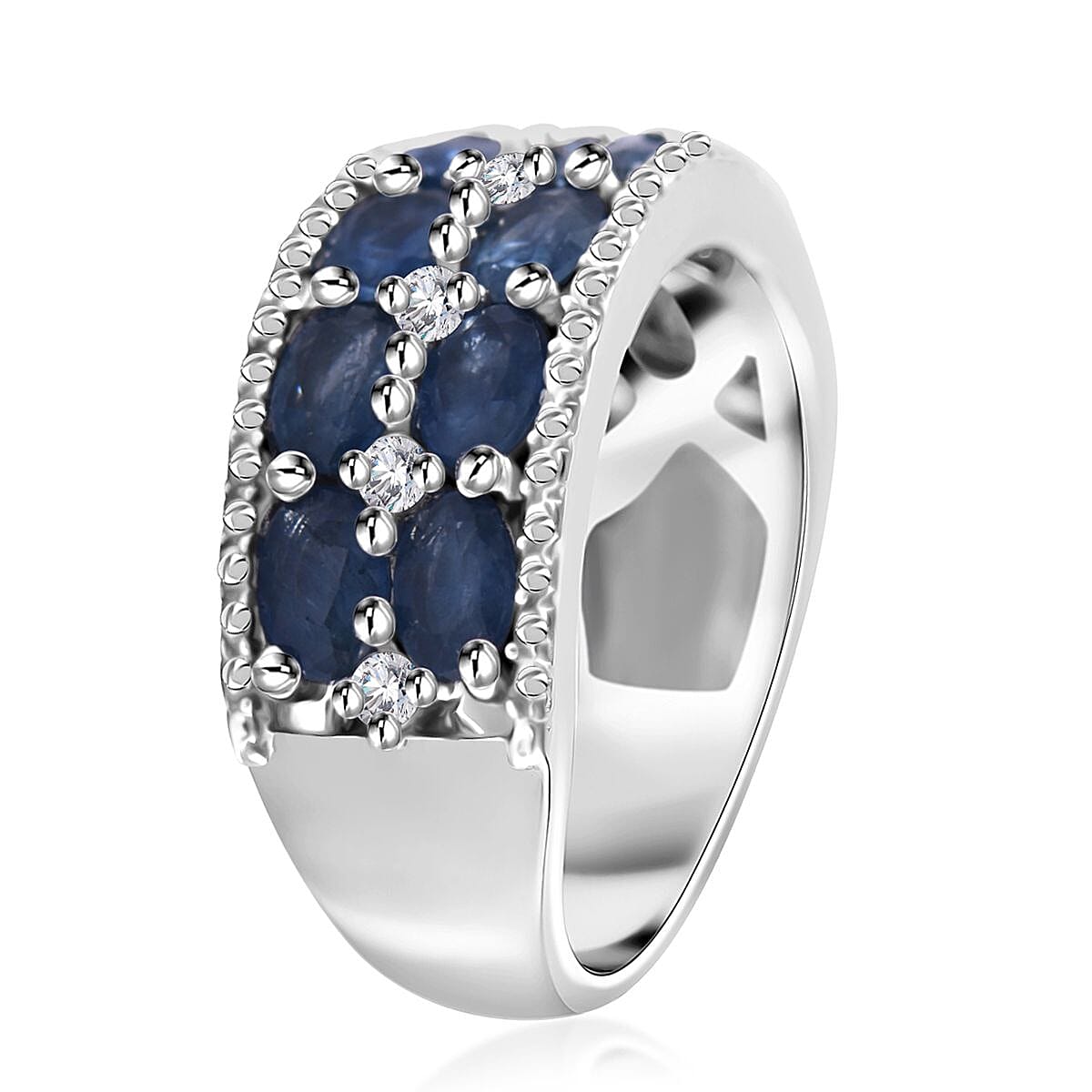 Kanchanaburi Blue Sapphire and White Zircon Ring in Platinum Over Sterling Silver (Size 9.0) 3.50 ctw image number 2