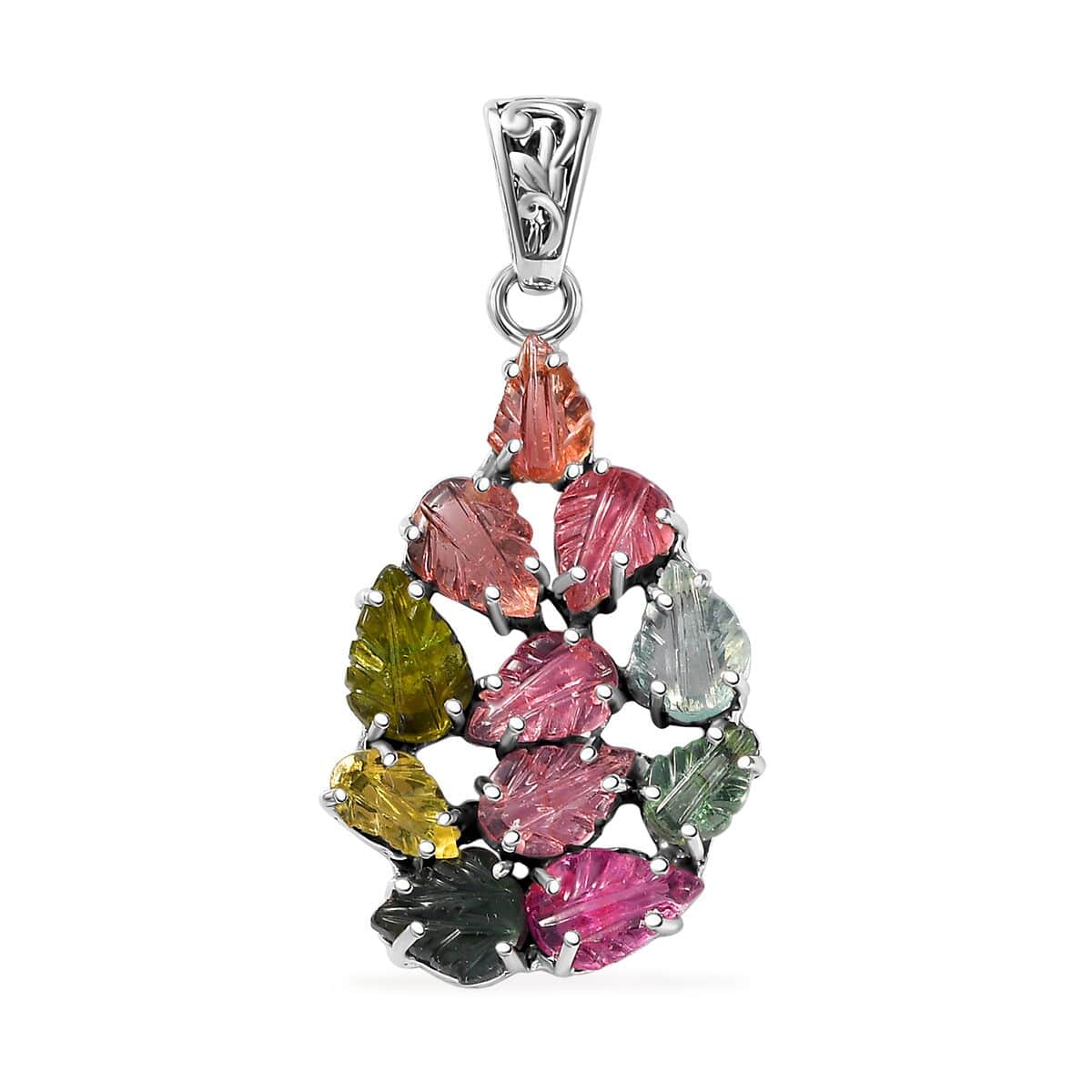 Indian Artistry Multi-Tourmaline Carved 7.15 ctw Leaf Pendant in Sterling Silver image number 0