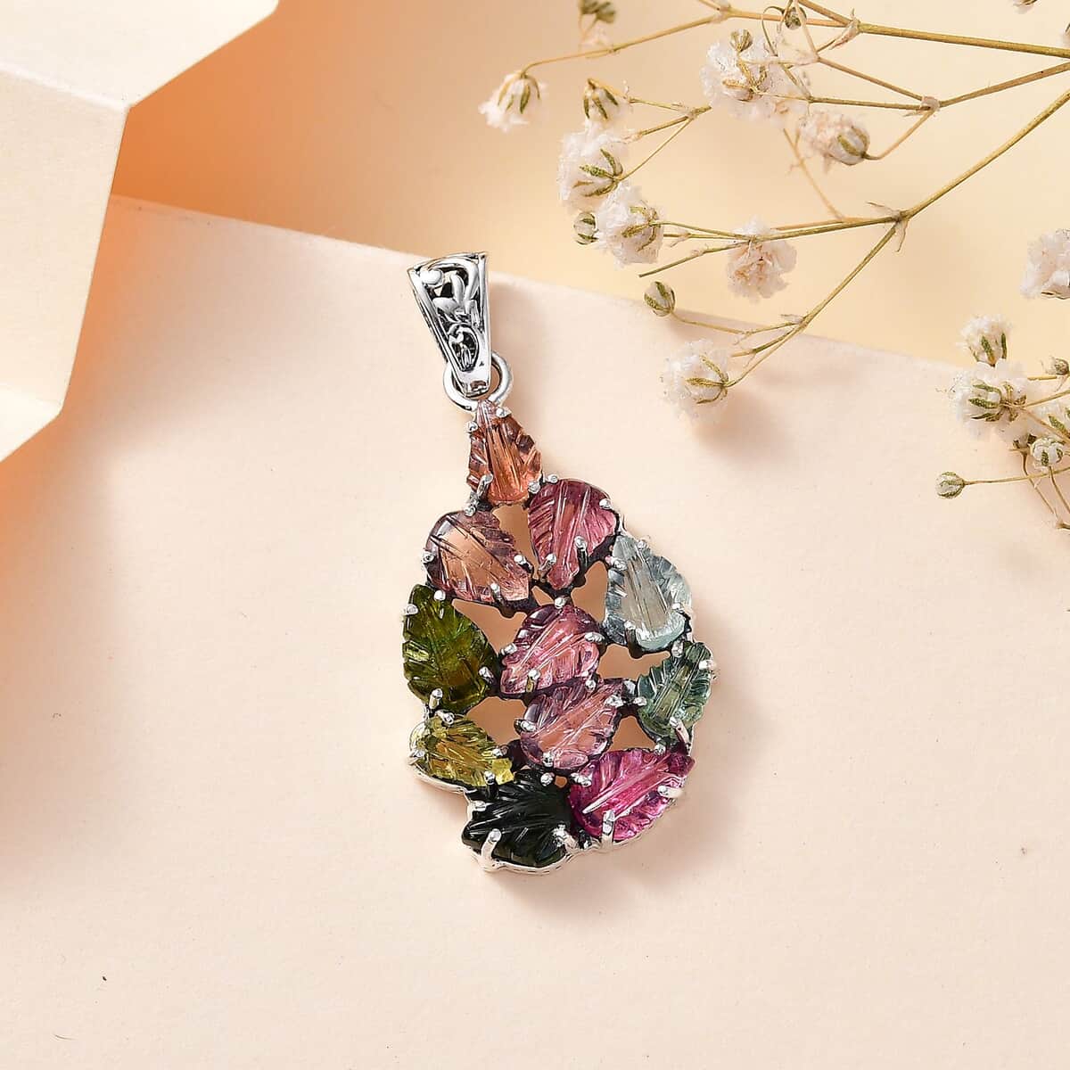 Indian Artistry Multi-Tourmaline Carved 7.15 ctw Leaf Pendant in Sterling Silver image number 1