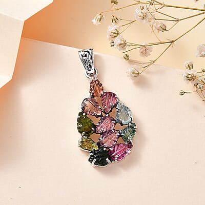 Indian Artistry Multi-Tourmaline Carved 7.15 ctw Leaf Pendant in Sterling Silver