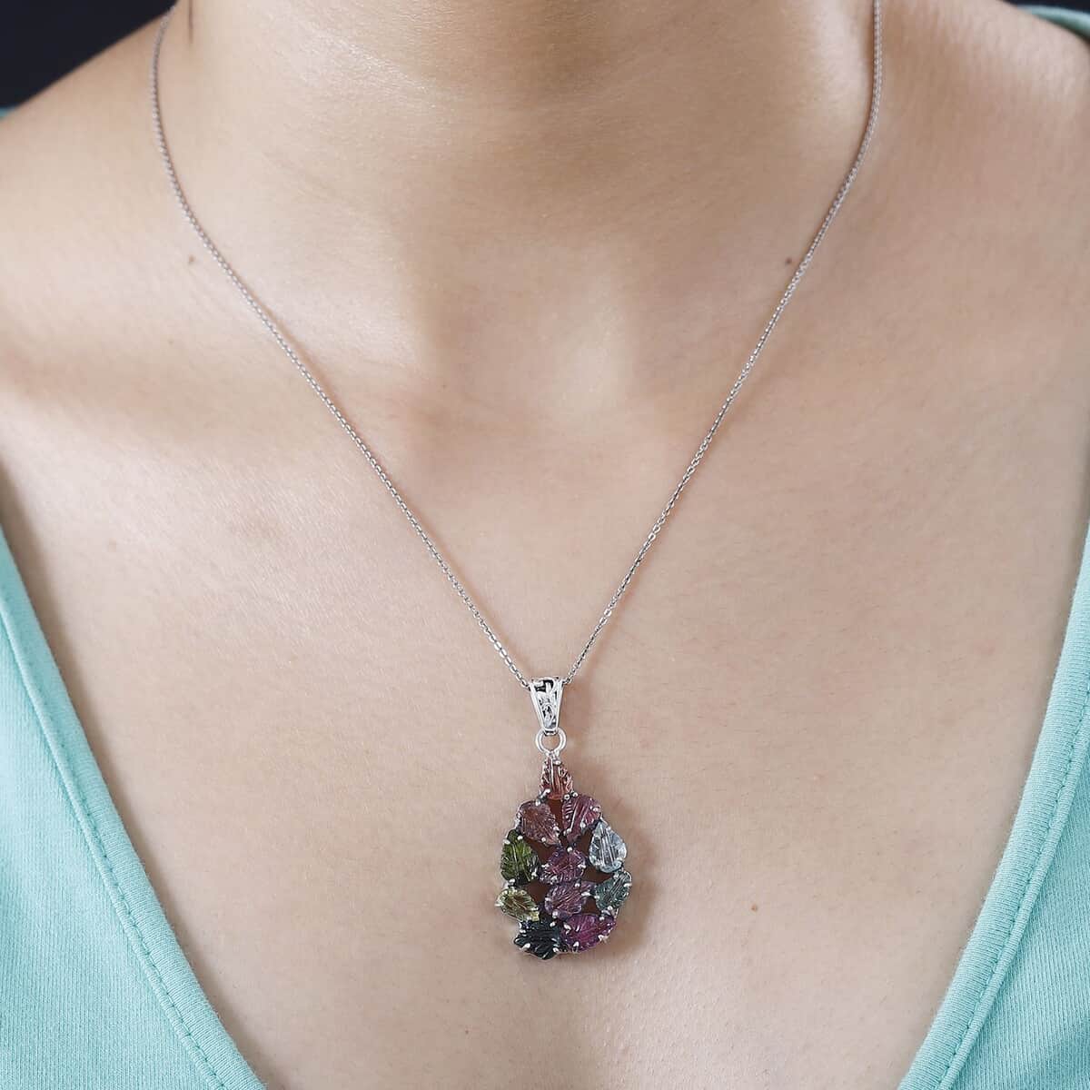 Indian Artistry Multi-Tourmaline Carved 7.15 ctw Leaf Pendant in Sterling Silver image number 2