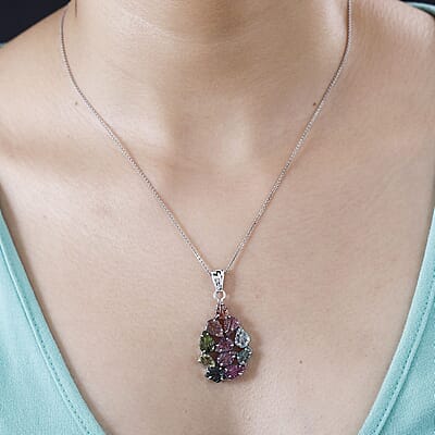 Indian Artistry Multi-Tourmaline Carved 7.15 ctw Leaf Pendant in Sterling Silver