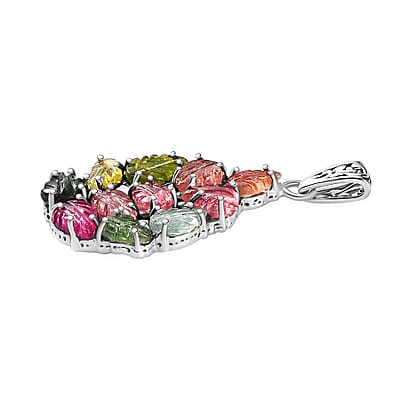 Indian Artistry Multi-Tourmaline Carved 7.15 ctw Leaf Pendant in Sterling Silver