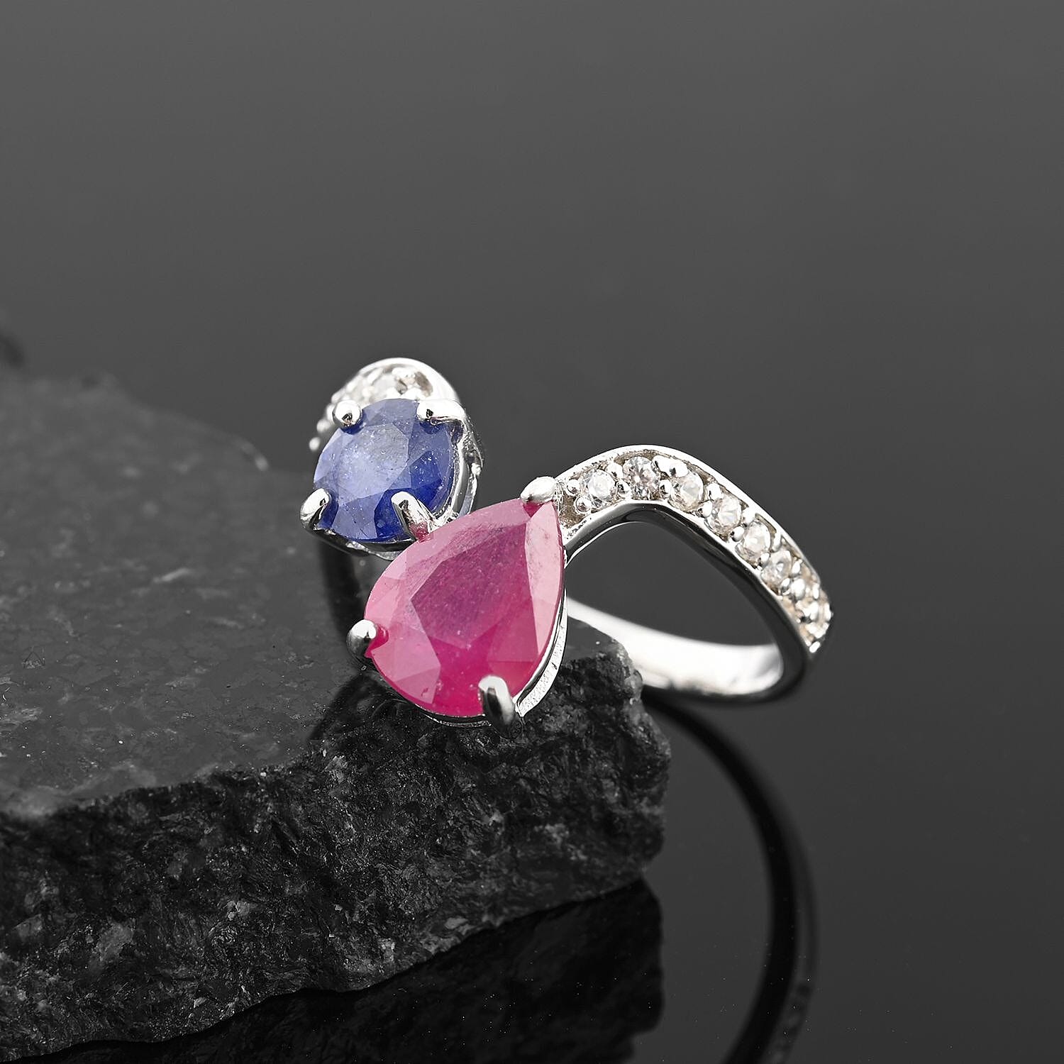 Niassa Ruby (FF) and Multi Gemstone Ring in Platinum Over Sterling Silver (Size 10.0) 3.35 ctw