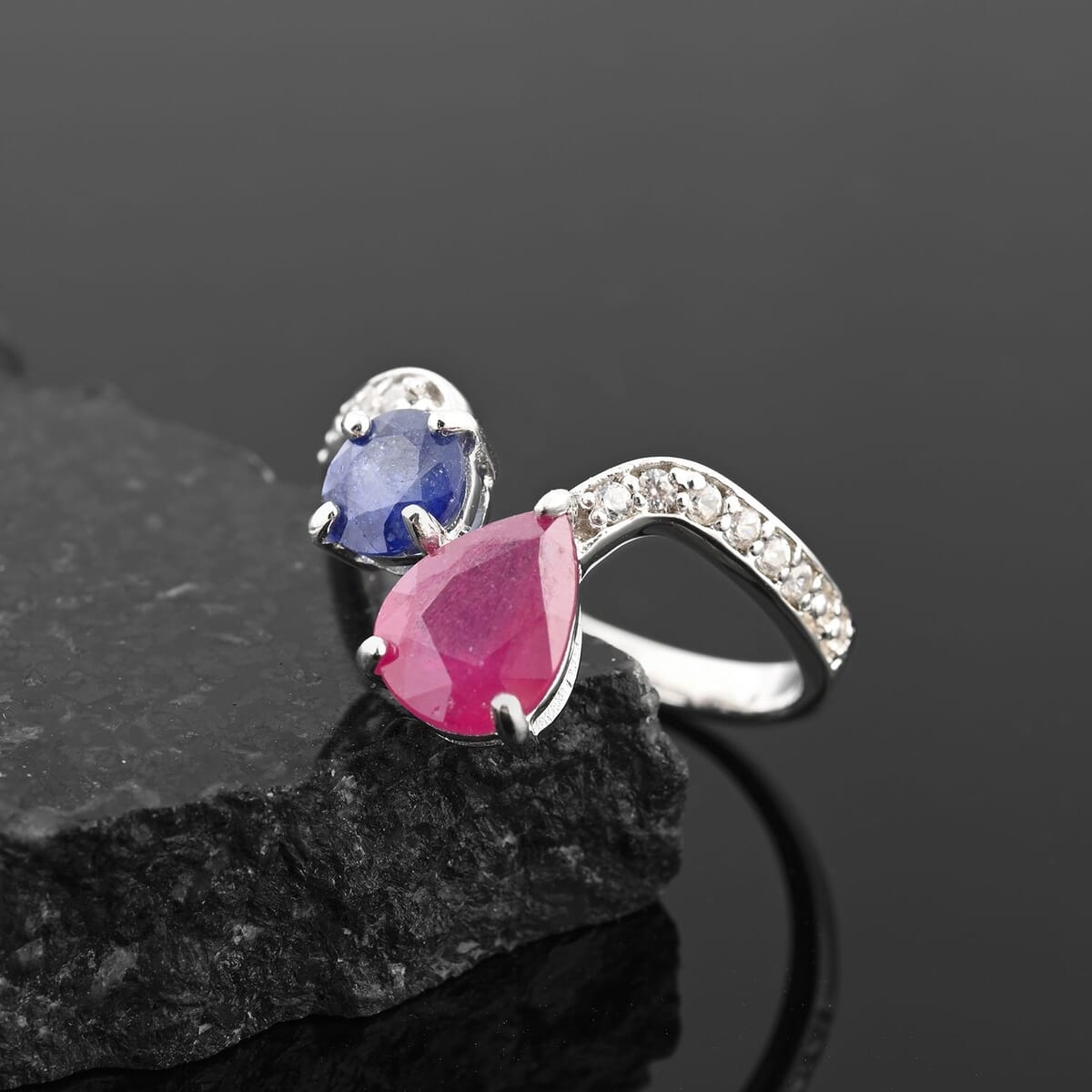 Niassa Ruby (FF), Masoala Sapphire (D) and White Ring in Platinum Over Sterling Silver (Size 10.0) 3.35 ctw image number 1