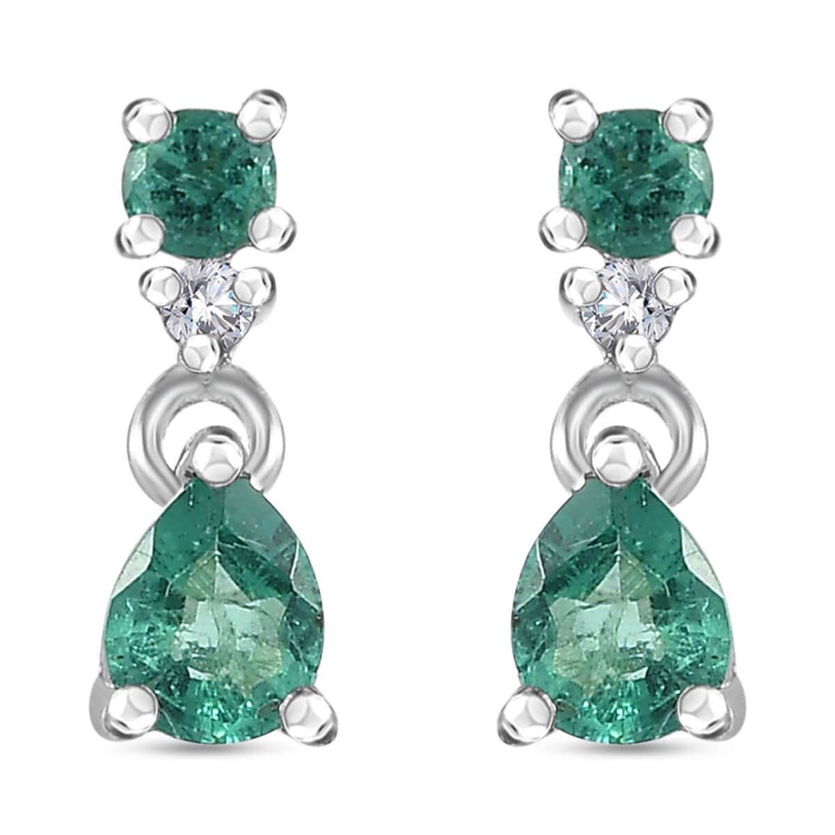 AAA Kagem Zambian Emerald and White Zircon Dangle Earrings in Platinum Over Sterling Silver 0.35 ctw image number 0