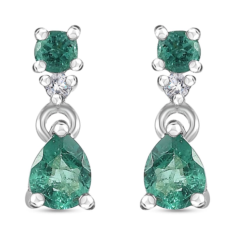 AAA Kagem Zambian Emerald and White Zircon Dangle Earrings in Platinum Over Sterling Silver 0.35 ctw