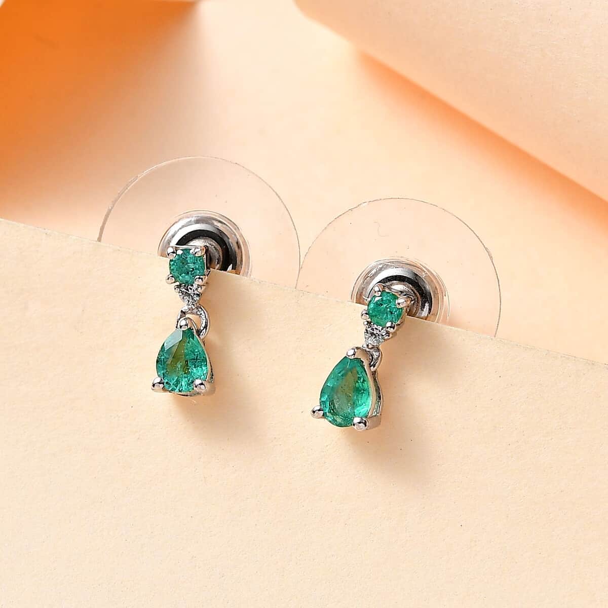 AAA Kagem Zambian Emerald and White Zircon Dangle Earrings in Platinum Over Sterling Silver 0.35 ctw image number 1