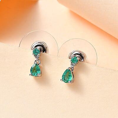 AAA Kagem Zambian Emerald and White Zircon Dangle Earrings in Platinum Over Sterling Silver 0.35 ctw
