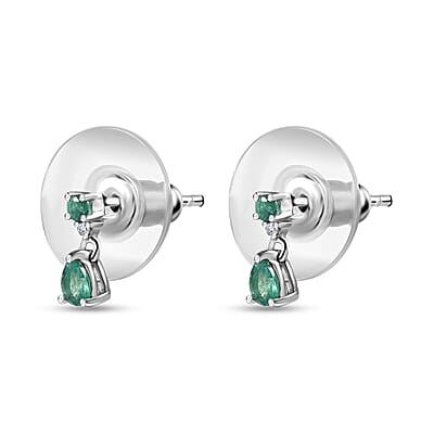 AAA Kagem Zambian Emerald and White Zircon Dangle Earrings in Platinum Over Sterling Silver 0.35 ctw