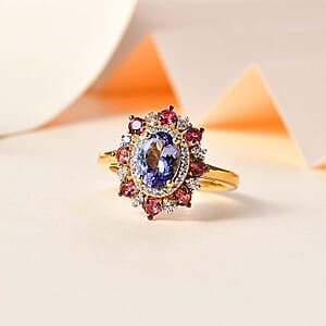 Tanzanite and Multi Gemstone Floral Ring in Vermeil Yellow Gold Over Sterling Silver (Size 5.0) 2.20 ctw