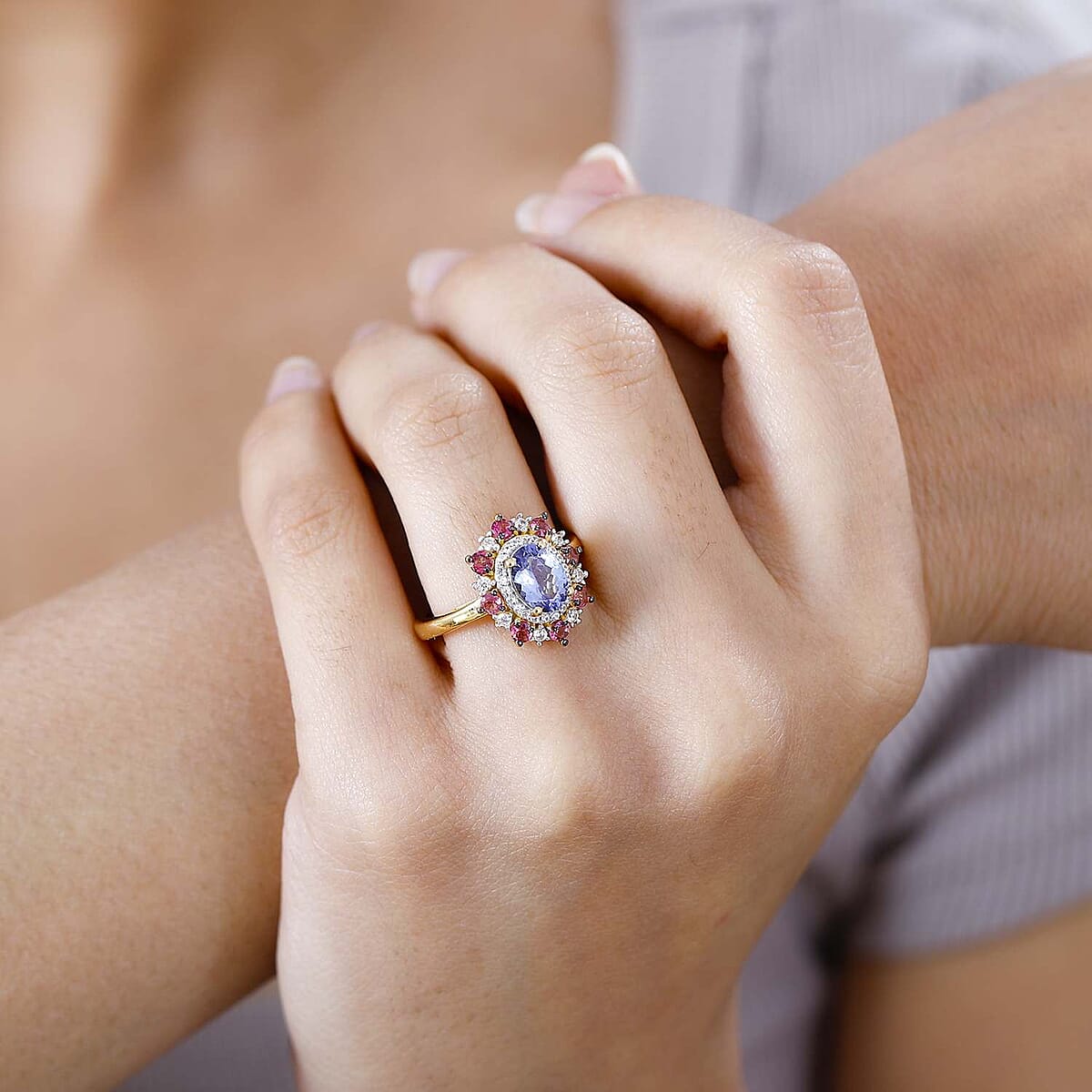 Tanzanite and Multi Gemstone Floral Ring in Vermeil Yellow Gold Over Sterling Silver (Size 5.0) 2.20 ctw image number 2