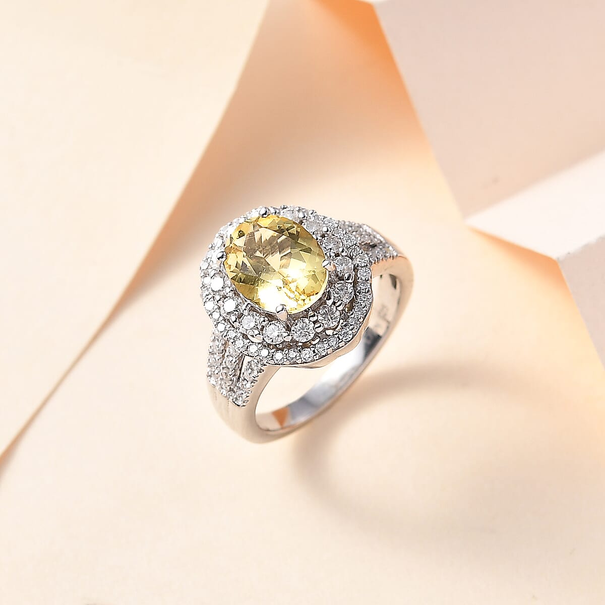 Brazilian Sunfire Beryl and Moissanite Cocktail Ring in Platinum Over Sterling Silver (Size 6.0) 2.65 ctw image number 1