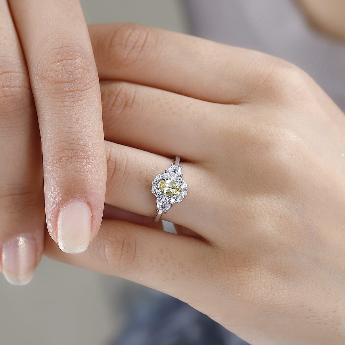 Brazilian Sunfire Beryl and Moissanite Cocktail Ring in Platinum Over Sterling Silver (Size 6.0) 2.65 ctw image number 2