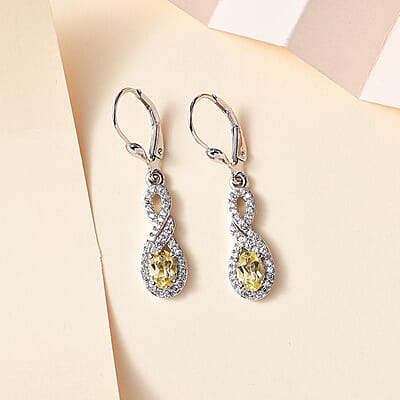 Brazilian Sunfire Beryl and White Zircon Lever Back Earrings in Platinum Over Sterling Silver 1.50 ctw