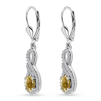 Brazilian Sunfire Beryl and White Zircon Lever Back Earrings in Platinum Over Sterling Silver 1.50 ctw