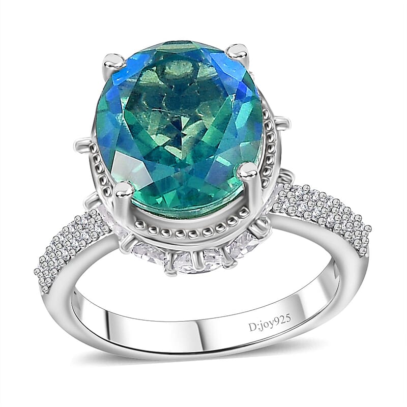 Peacock Quartz (Triplet) and White Zircon Ring in Platinum Over Sterling Silver (Size 10.0) 7.90 ctw