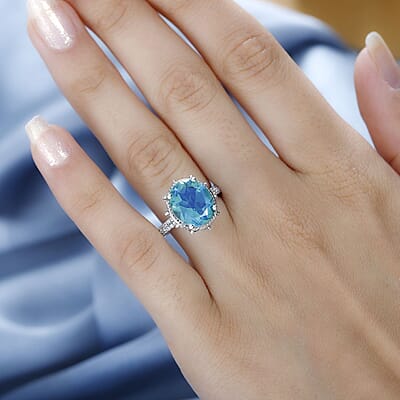 Peacock Quartz (Triplet) and White Zircon Ring in Platinum Over Sterling Silver (Size 10.0) 7.90 ctw