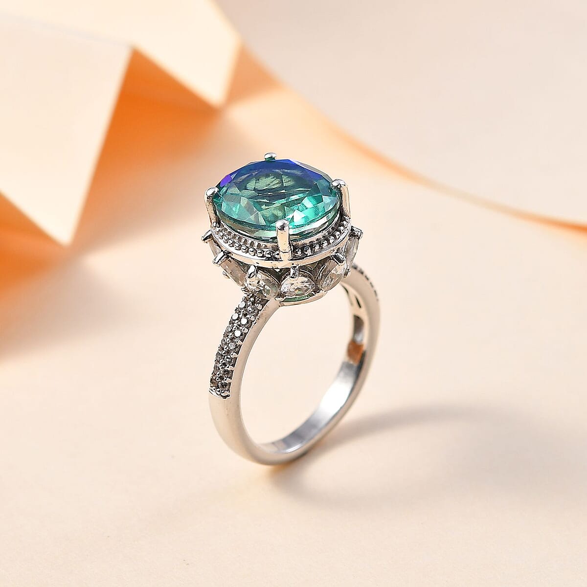 Peacock Quartz (Triplet) and White Zircon Ring in Platinum Over Sterling Silver (Size 9.0) 7.90 ctw image number 1