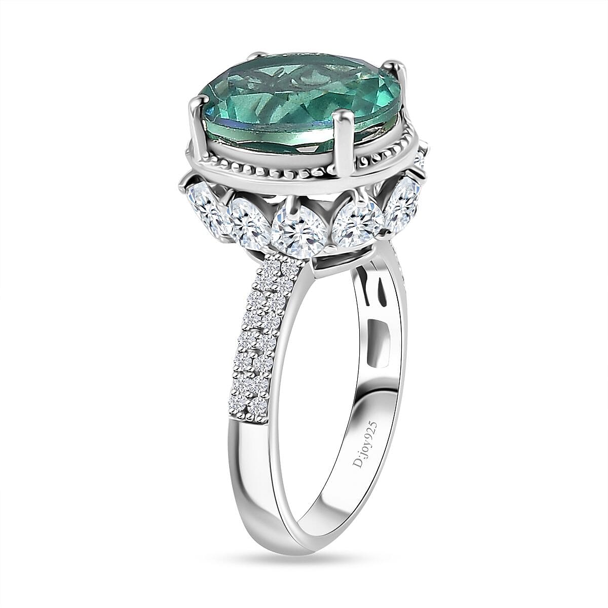 Peacock Quartz (Triplet) and White Zircon Ring in Platinum Over Sterling Silver (Size 9.0) 7.90 ctw image number 3