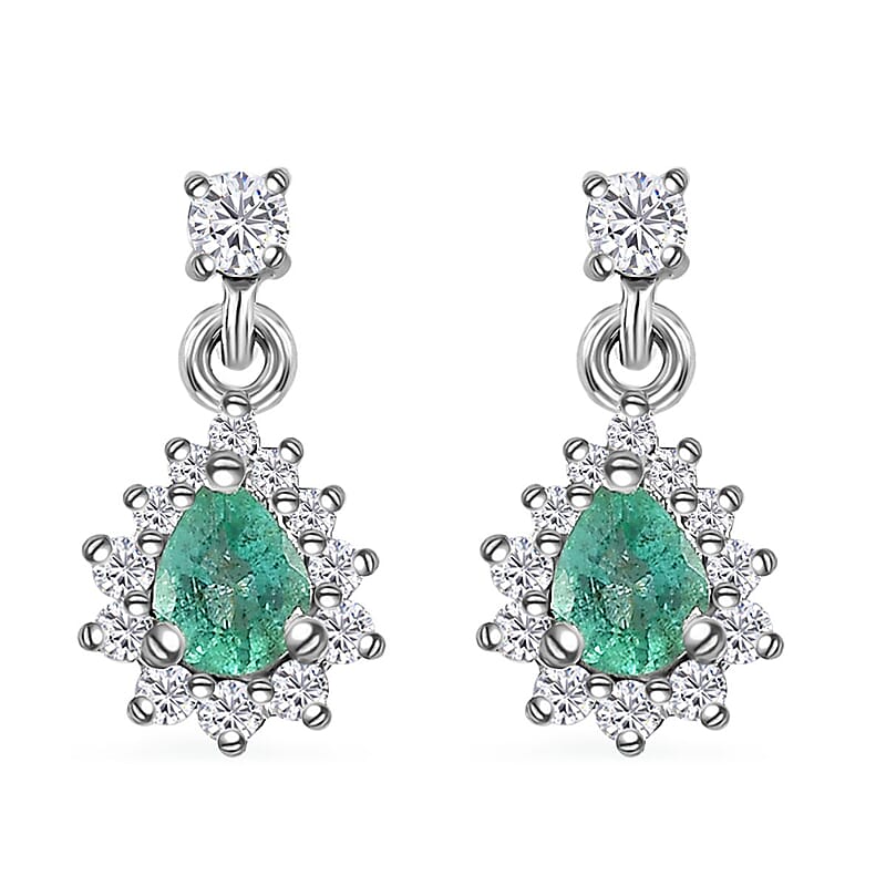 AAA Kagem Zambian Emerald and Moissanite Sunburst Dangle Earrings in Platinum Over Sterling Silver 0.60 ctw