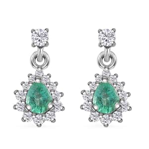 AAA Kagem Zambian Emerald and Moissanite Sunburst Dangle Earrings in Platinum Over Sterling Silver 0.60 ctw (Del. in 10-12 Days)