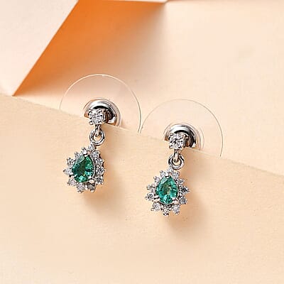 AAA Kagem Zambian Emerald and Moissanite Sunburst Dangle Earrings in Platinum Over Sterling Silver 0.60 ctw