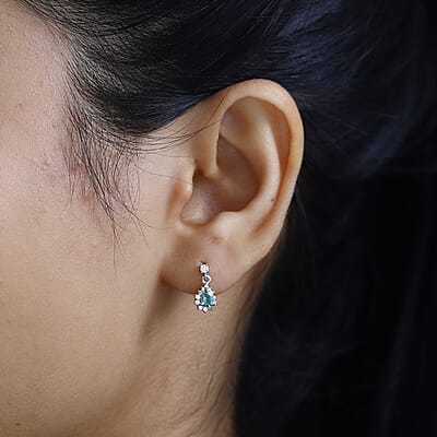 AAA Kagem Zambian Emerald and Moissanite Sunburst Dangle Earrings in Platinum Over Sterling Silver 0.60 ctw