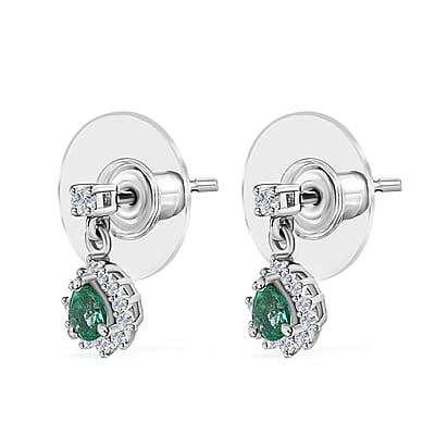 AAA Kagem Zambian Emerald and Moissanite Sunburst Dangle Earrings in Platinum Over Sterling Silver 0.60 ctw