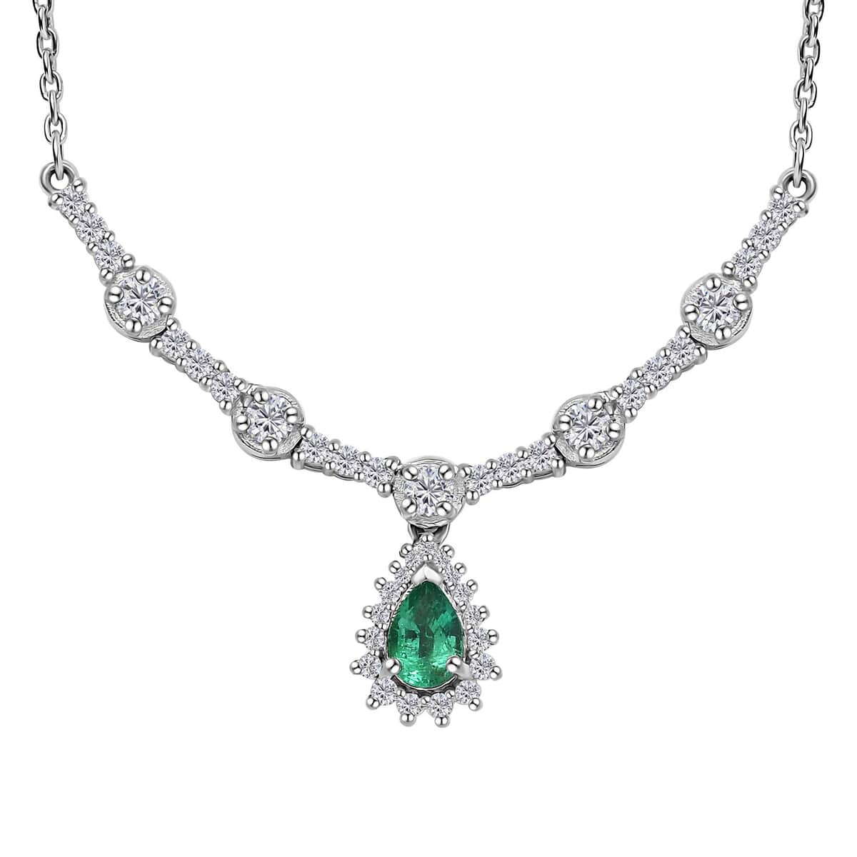 AAA Kagem Zambian Emerald and Moissanite Drop Necklace 18-20 Inches in Platinum Over Sterling Silver 1.15 ctw image number 0