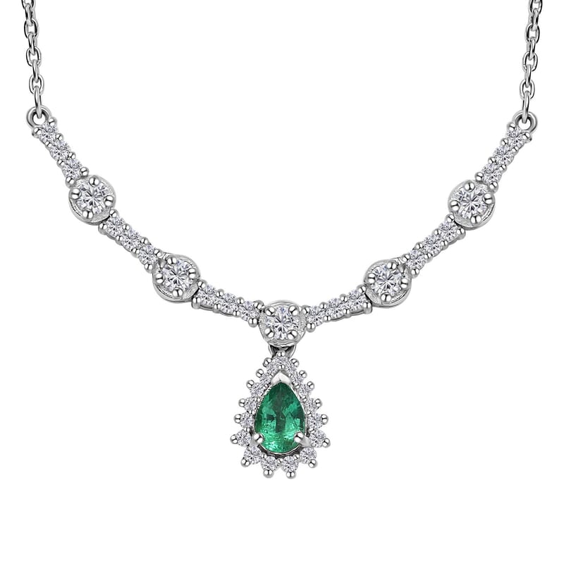 AAA Kagem Zambian Emerald and Moissanite Drop Necklace 18-20 Inches in Platinum Over Sterling Silver 1.15 ctw