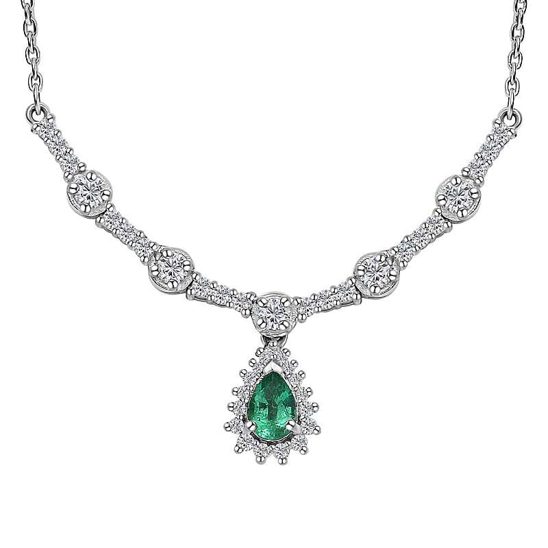AAA Kagem Zambian Emerald and Moissanite Drop Necklace 18-20 Inches in Platinum Over Sterling Silver 1.15 ctw