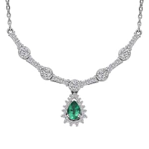 AAA Kagem Zambian Emerald and Moissanite Drop Necklace 18-20 Inches in Platinum Over Sterling Silver 1.15 ctw (Del. in 10-12 Days)