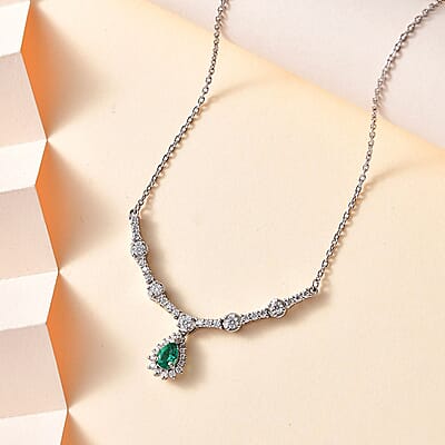 AAA Kagem Zambian Emerald and Moissanite Drop Necklace 18-20 Inches in Platinum Over Sterling Silver 1.15 ctw