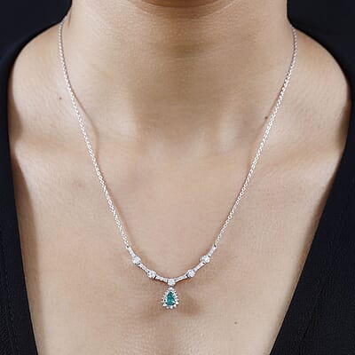 AAA Kagem Zambian Emerald and Moissanite Drop Necklace 18-20 Inches in Platinum Over Sterling Silver 1.15 ctw
