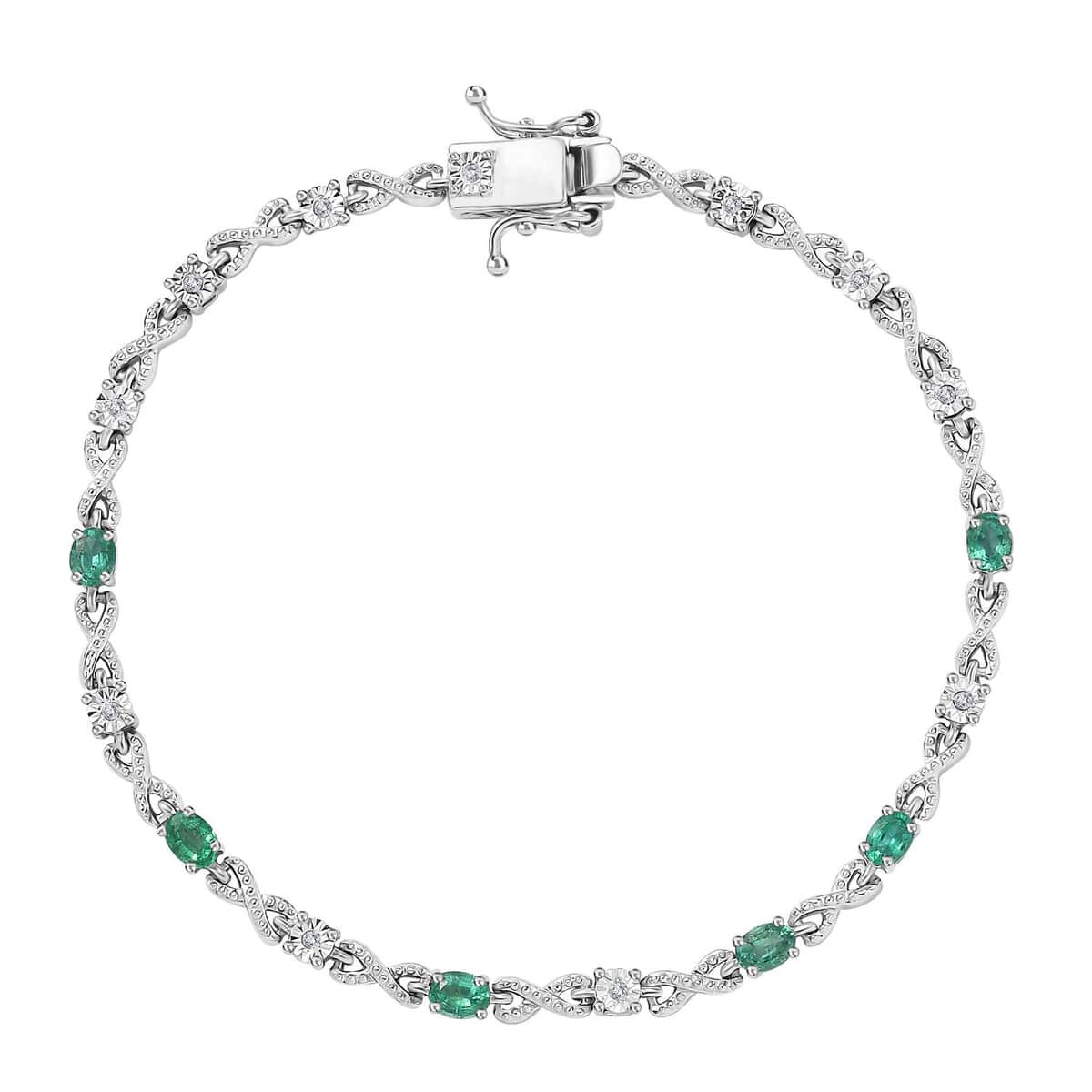 AAA Kagem Zambian Emerald and Diamond Bracelet in Platinum Over Sterling Silver (7.25 In) 1.00 ctw image number 0