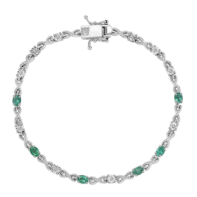 AAA Kagem Zambian Emerald and Diamond Bracelet in Platinum Over Sterling Silver (7.25 In) 1.00 ctw