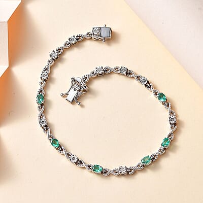 AAA Kagem Zambian Emerald and Diamond Bracelet in Platinum Over Sterling Silver (7.25 In) 1.00 ctw
