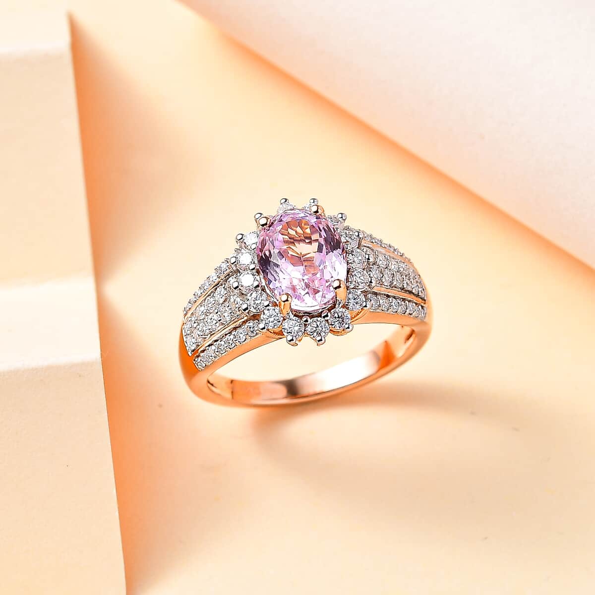 TLV Premium Martha Rocha Kunzite, Moissanite Sunburst Ring in Vermeil RG Over Sterling Silver (Size 10.0) 3.50 ctw image number 1