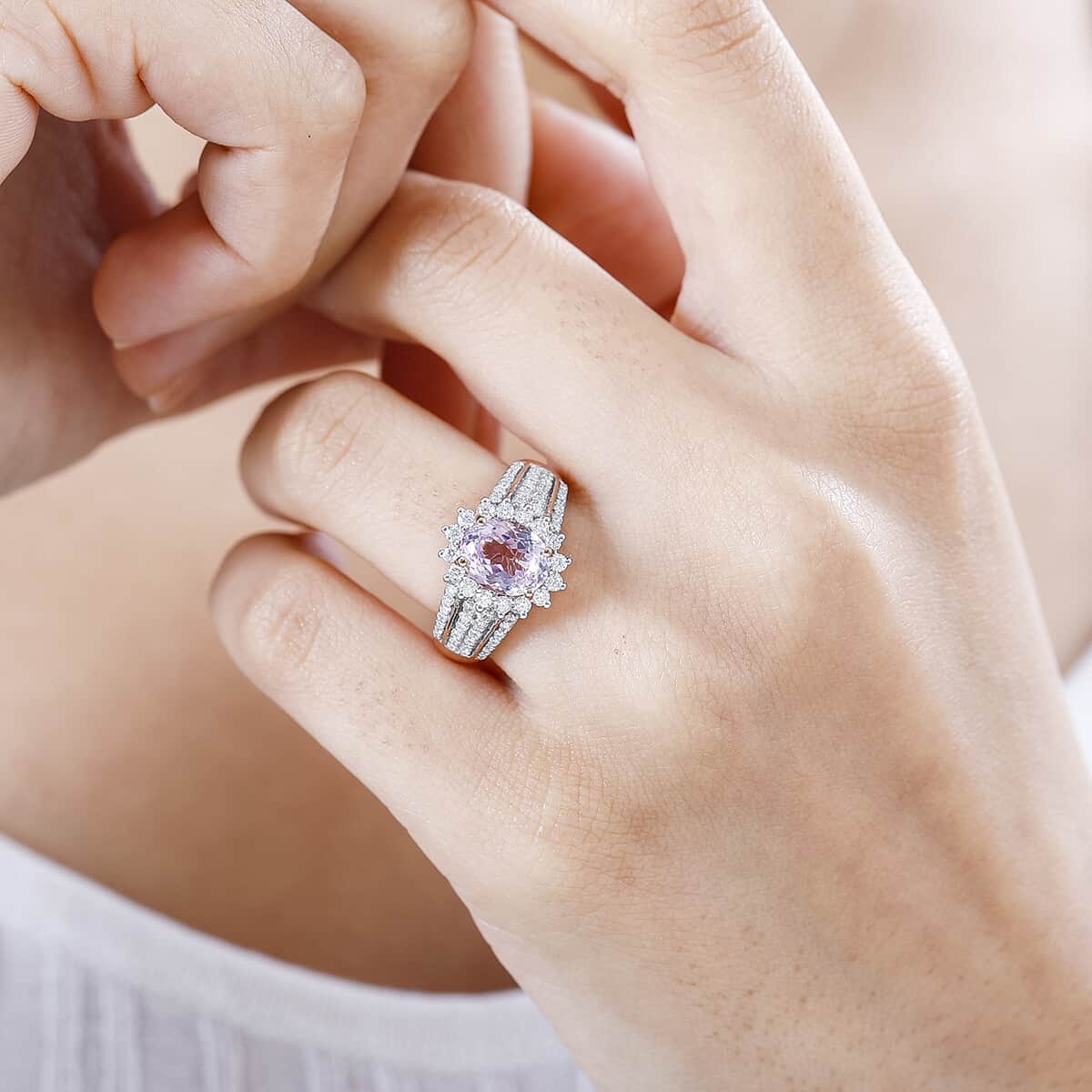 Premium Martha Rocha Kunzite and Moissanite 3.50 ctw Sunburst Ring in Vermeil Rose Gold Over Sterling Silver (Size 9.0) image number 2