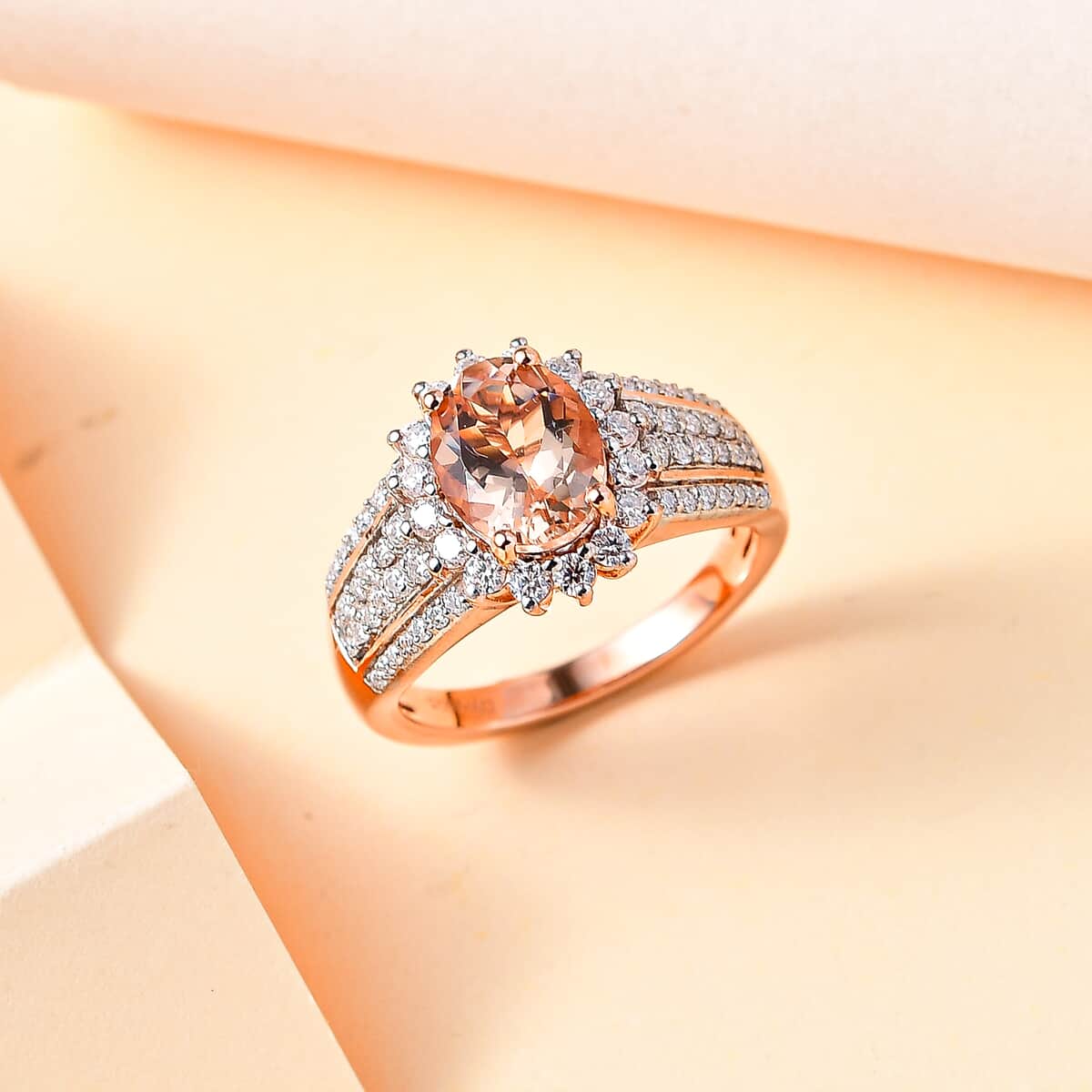 Premium Marropino Morganite and Moissanite 3.00 ctw Sunburst Ring in Vermeil Rose Gold Over Sterling Silver (Size 10.0) image number 1