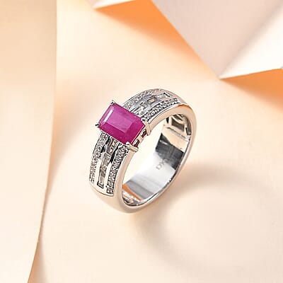 Premium Royal Ruby and White Zircon Ring in Platinum Over Sterling Silver (Size 10.0) 2.00 ctw