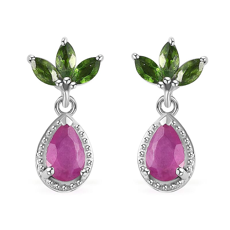 Premium Royal Ruby and Chrome Diopside Dangling Earrings in Platinum Over Sterling Silver 1.60 ctw