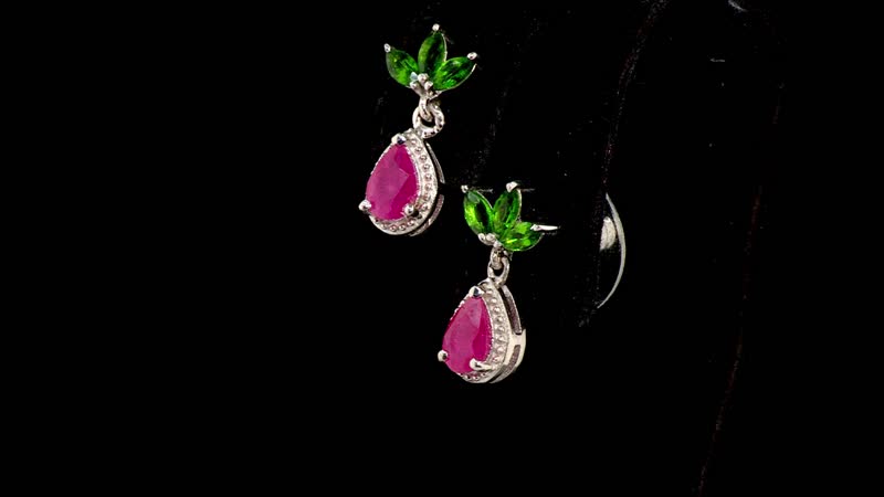 Premium Royal Ruby and Chrome Diopside Dangling Earrings in Platinum Over Sterling Silver 1.60 ctw
