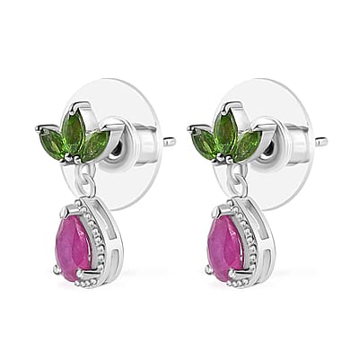 Premium Royal Ruby and Chrome Diopside Dangling Earrings in Platinum Over Sterling Silver 1.60 ctw
