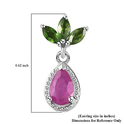Premium Royal Ruby and Chrome Diopside Dangling Earrings in Platinum Over Sterling Silver 1.60 ctw