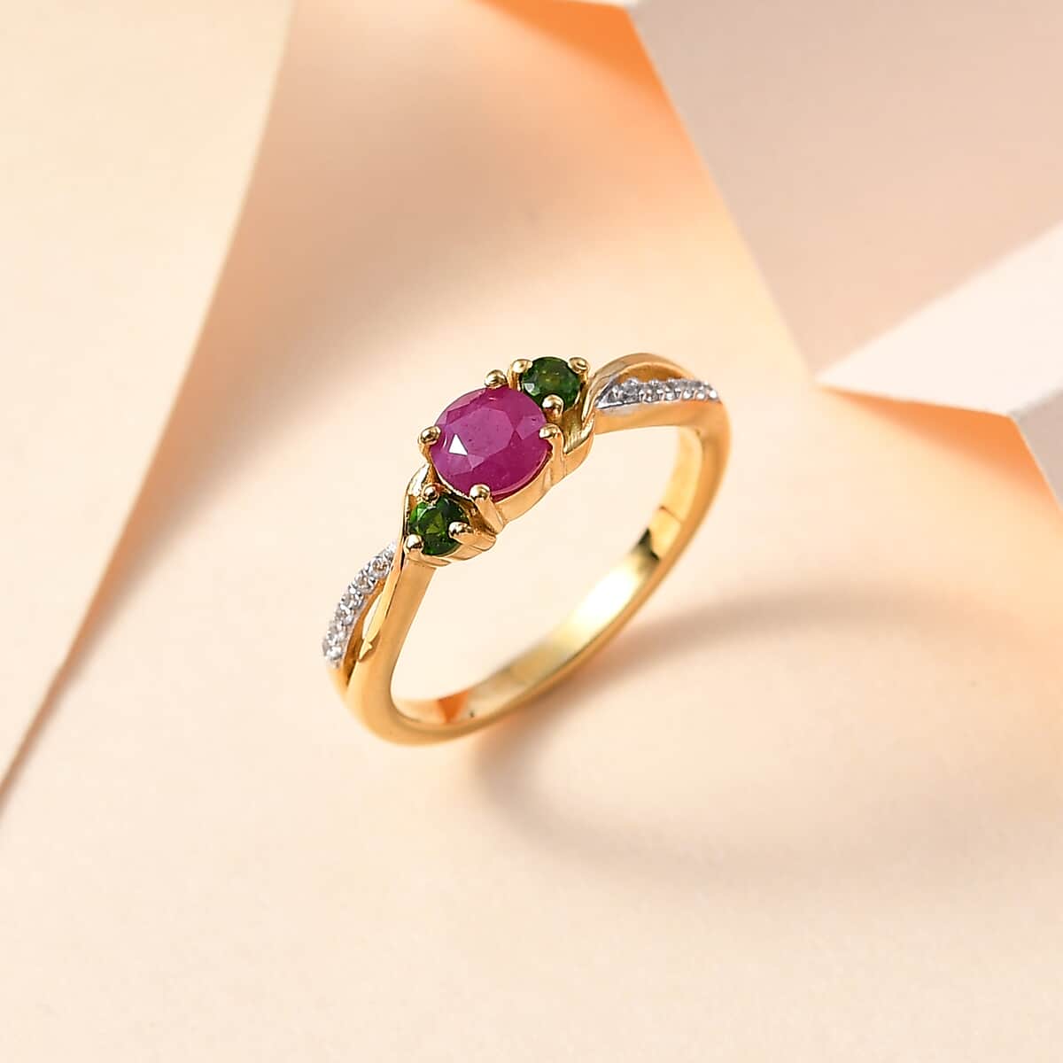 Premium Taveta Ruby, Multi Gemstone Ring in Vermeil YG Over Sterling Silver (Size 10.0) 1.00 ctw image number 1