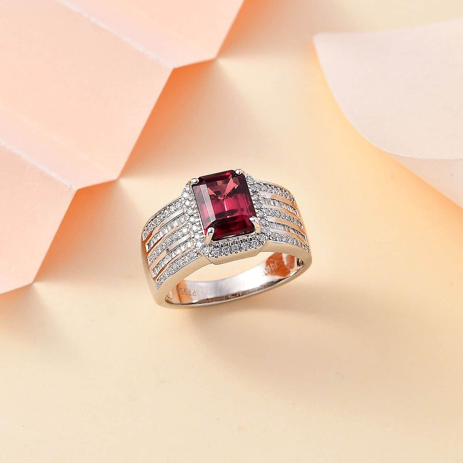 Rhapsody AAAA Ouro Fino Rubellite and E-F VS Diamond 3.15 ctw Ring in 950 Platinum (Size 6.0) 