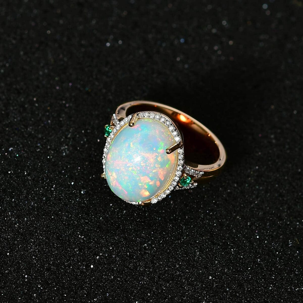 Luxoro 14K Yellow Gold AAA Ethiopian Welo Opal, AAAA Boyaca Colombian Emerald and G-H I2 Diamond Halo Ring (Size 10.0) 5.65 Grams 5.85 ctw image number 2